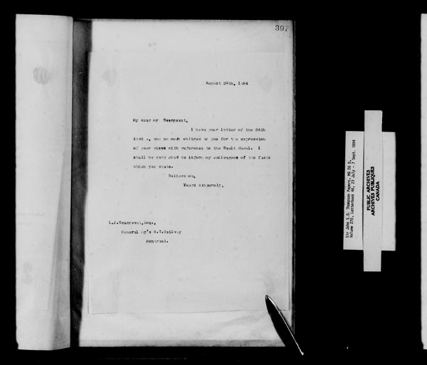 Titre : Fonds sir John Thompson - Copies de lettres - N d'enregistrement Mikan : 129823 - Microforme : c-10705