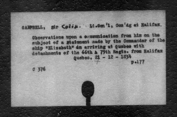 Titre : Archives militaires et navales britanniques (RG 8, srie C) - INDEX SEULEMENT - N d'enregistrement Mikan : 105012 - Microforme : c-11799