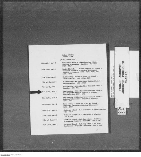 Titre : Srie des dossiers relatifs aux coles - 1879-1953 (RG10) - N d'enregistrement Mikan : 161918 - Microforme : c-7919