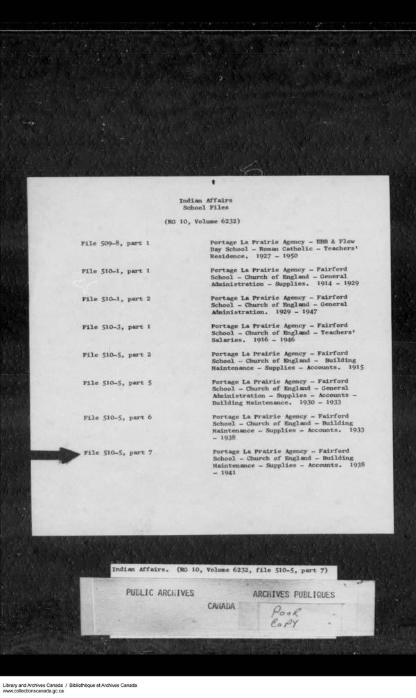 Titre : Srie des dossiers relatifs aux coles - 1879-1953 (RG10) - N d'enregistrement Mikan : 161918 - Microforme : c-7957