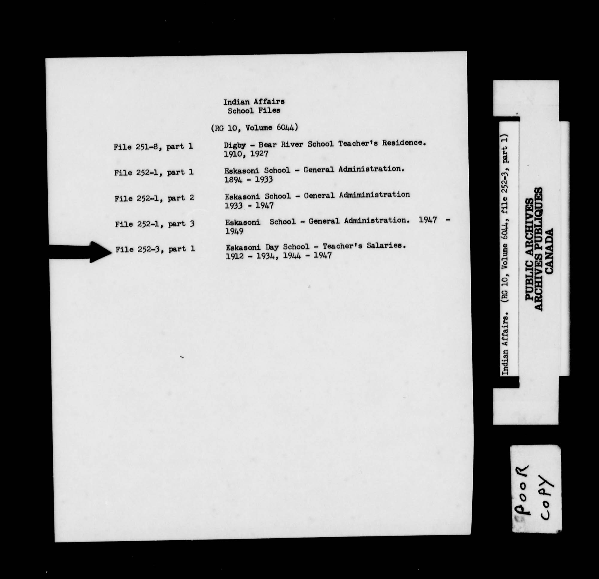 Title: School Files Series - 1879-1953 (RG10) - Mikan Number: 157505 - Microform: c-8155