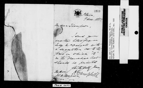 Titre : Fonds sir John Thompson - Lettres reues - N d'enregistrement Mikan : 129822 - Microforme : c-9237