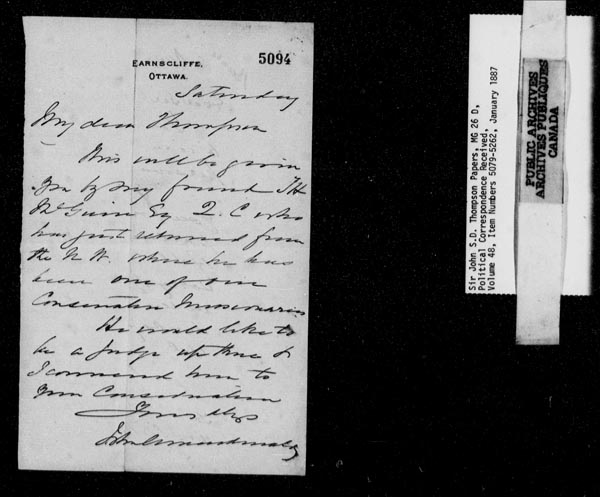 Title: Sir John Thompson fonds - Letters Received - Mikan Number: 123656 - Microform: c-9239