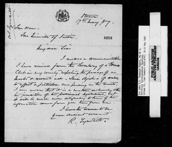 Titre : Fonds sir John Thompson - Lettres reues - N d'enregistrement Mikan : 129822 - Microforme : c-9241