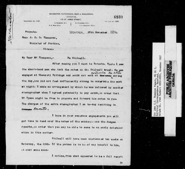 Title: Sir John Thompson fonds - Letters Received - Mikan Number: 123656 - Microform: c-9241