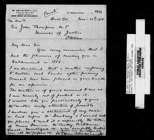 Title: Sir John Thompson fonds - Letters Received - Mikan Number: 123656 - Microform: c-9243