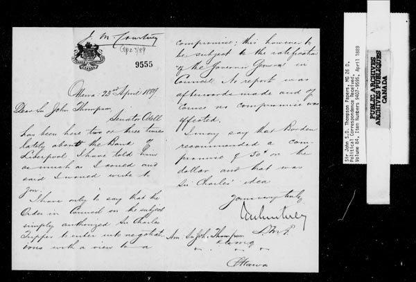 Title: Sir John Thompson fonds - Letters Received - Mikan Number: 123656 - Microform: c-9244