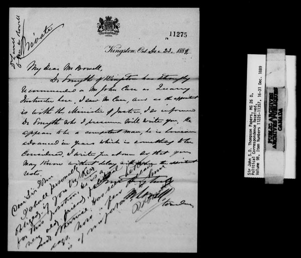 Titre : Fonds sir John Thompson - Lettres reues - N d'enregistrement Mikan : 129822 - Microforme : c-9247