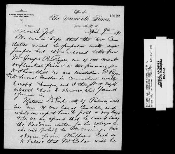 Title: Sir John Thompson fonds - Letters Received - Mikan Number: 123656 - Microform: c-9248