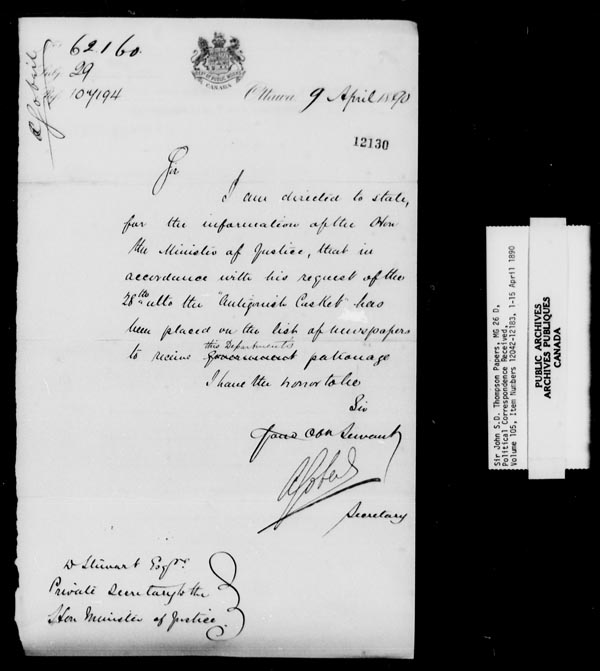 Titre : Fonds sir John Thompson - Lettres reues - N d'enregistrement Mikan : 129822 - Microforme : c-9248