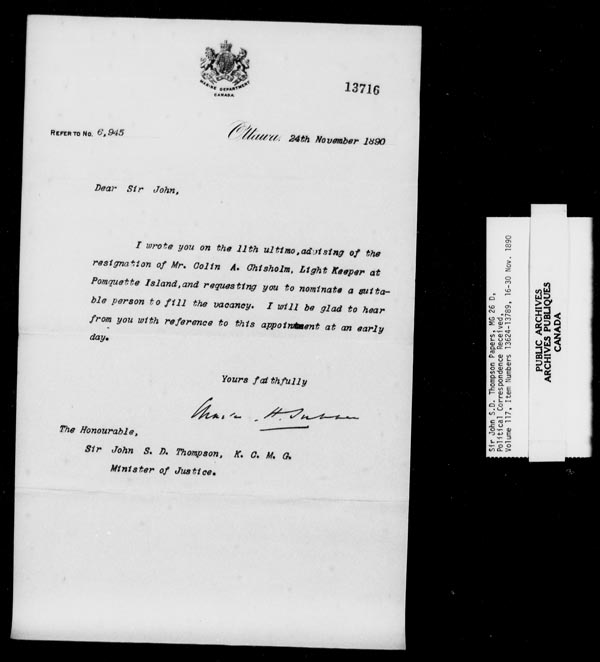 Title: Sir John Thompson fonds - Letters Received - Mikan Number: 123656 - Microform: c-9250