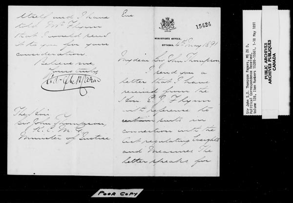 Titre : Fonds sir John Thompson - Lettres reues - N d'enregistrement Mikan : 129822 - Microforme : c-9252