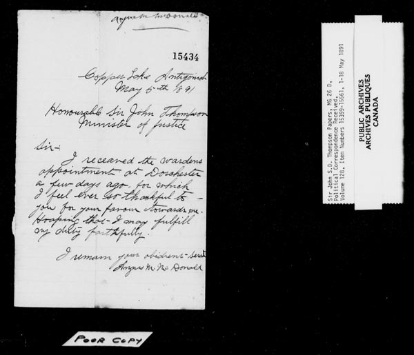 Titre : Fonds sir John Thompson - Lettres reues - N d'enregistrement Mikan : 129822 - Microforme : c-9252