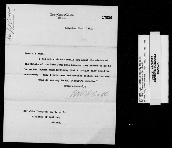 Title: Sir John Thompson fonds - Letters Received - Mikan Number: 123656 - Microform: c-9255