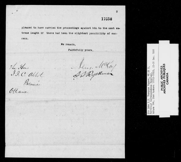 Title: Sir John Thompson fonds - Letters Received - Mikan Number: 123656 - Microform: c-9255