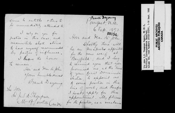 Title: Sir John Thompson fonds - Letters Received - Mikan Number: 123656 - Microform: c-9258