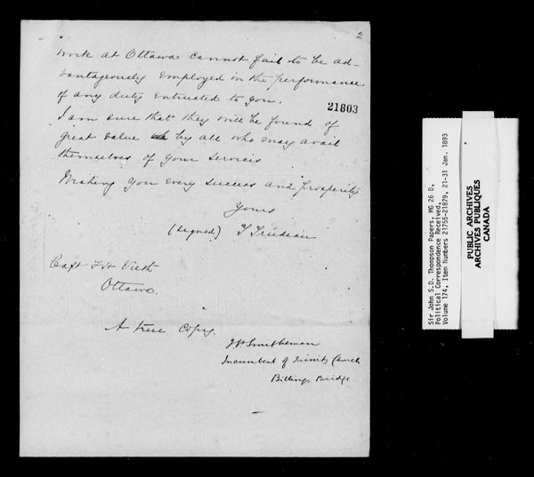 Titre : Fonds sir John Thompson - Lettres reues - N d'enregistrement Mikan : 129822 - Microforme : c-9261