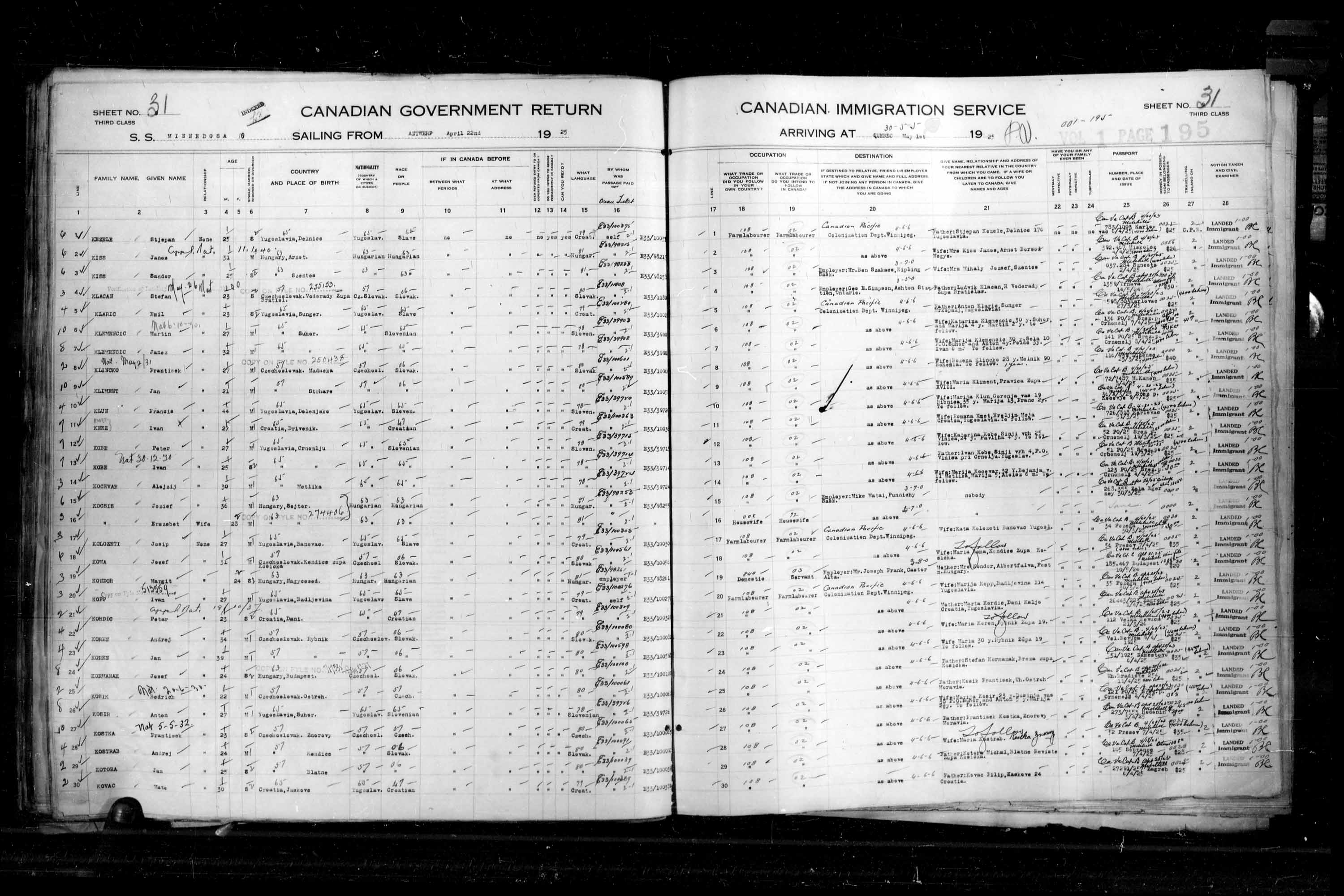 Titre : Listes de passagers : Ville de Qubec (1925-1935) - N d'enregistrement Mikan : 178851 - Microforme : t-14714