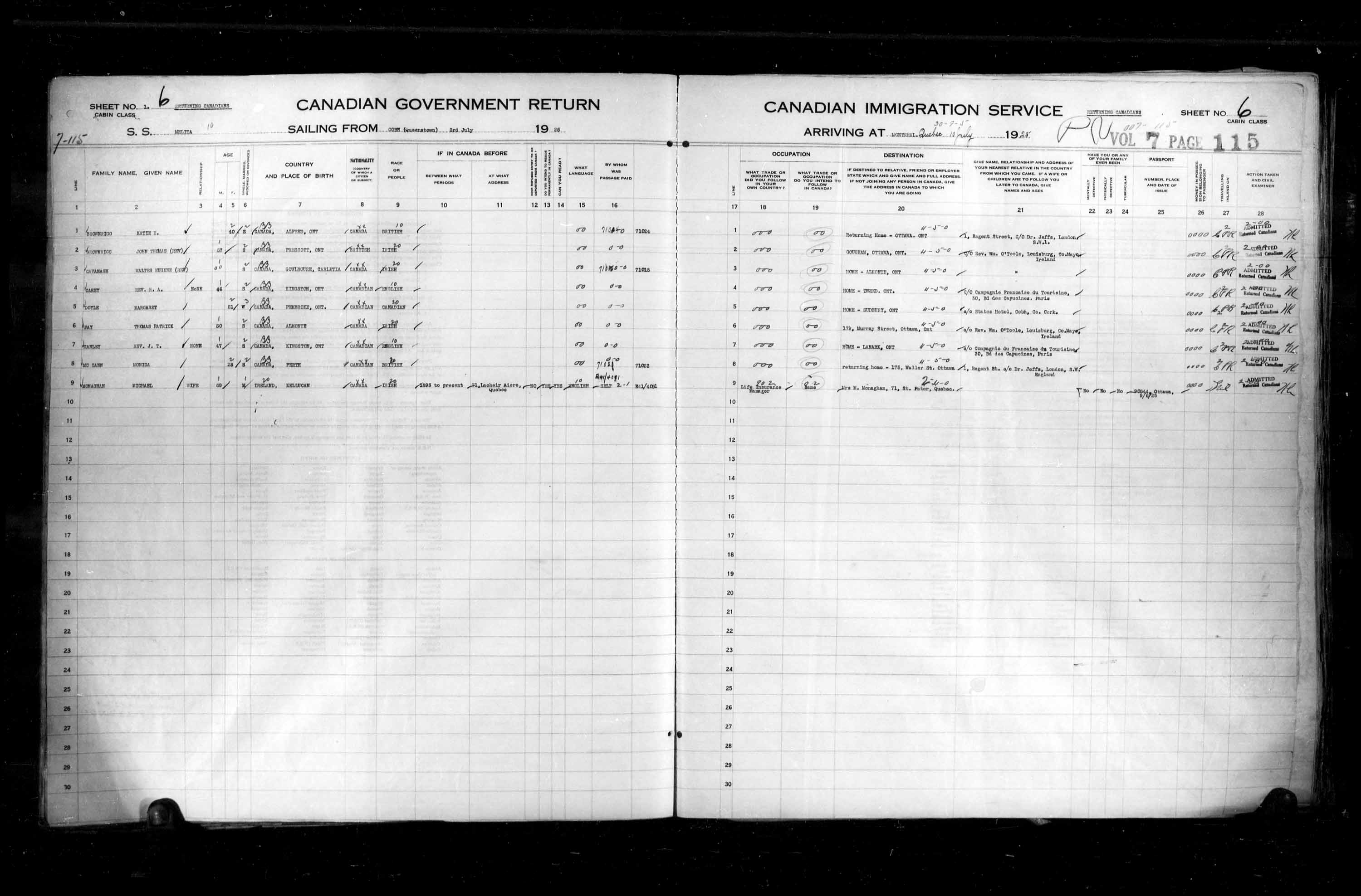 Titre : Listes de passagers : Ville de Qubec (1925-1935) - N d'enregistrement Mikan : 178851 - Microforme : t-14716