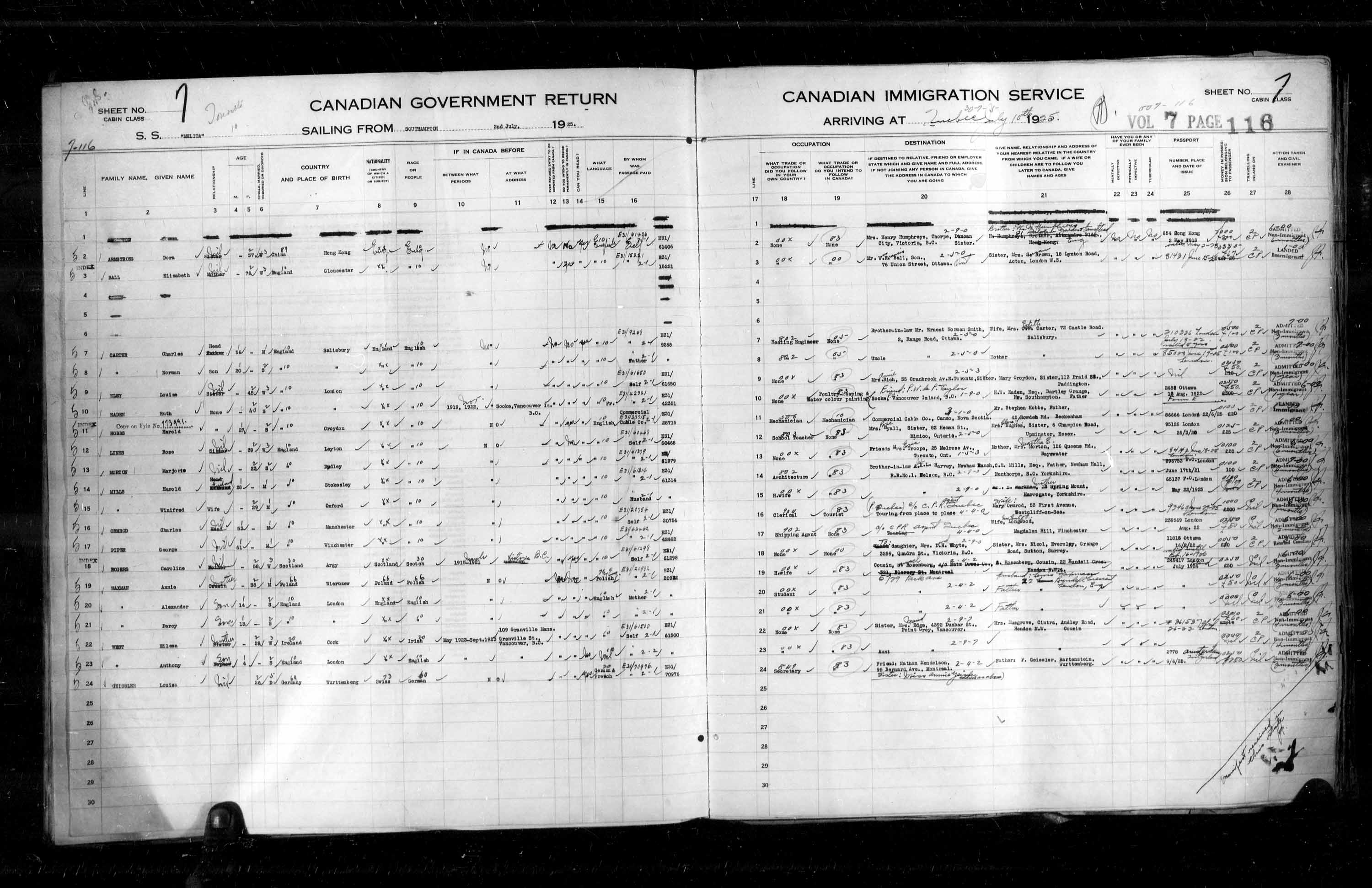 Titre : Listes de passagers : Ville de Qubec (1925-1935) - N d'enregistrement Mikan : 178851 - Microforme : t-14716