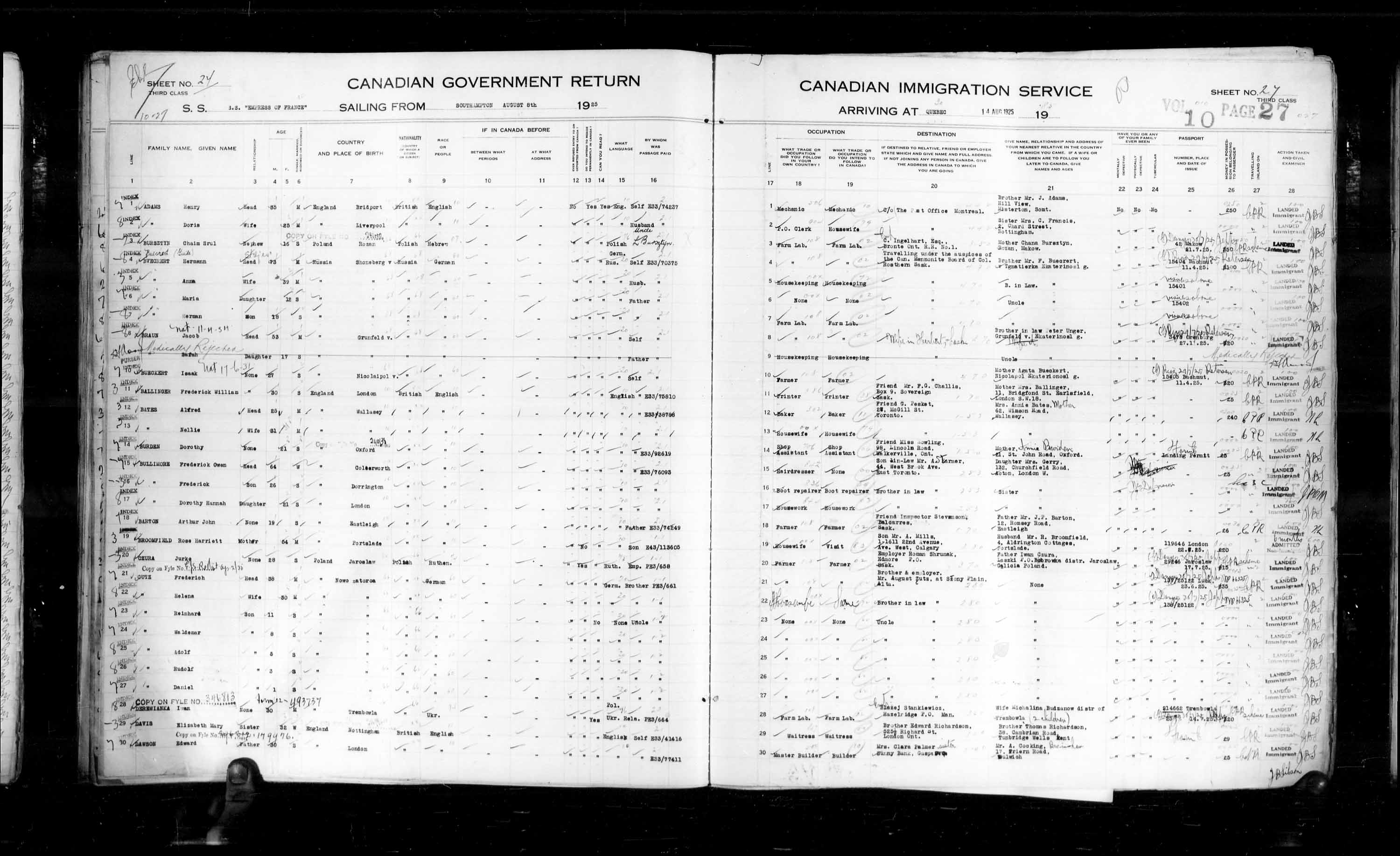 Titre : Listes de passagers : Ville de Qubec (1925-1935) - N d'enregistrement Mikan : 178851 - Microforme : t-14717