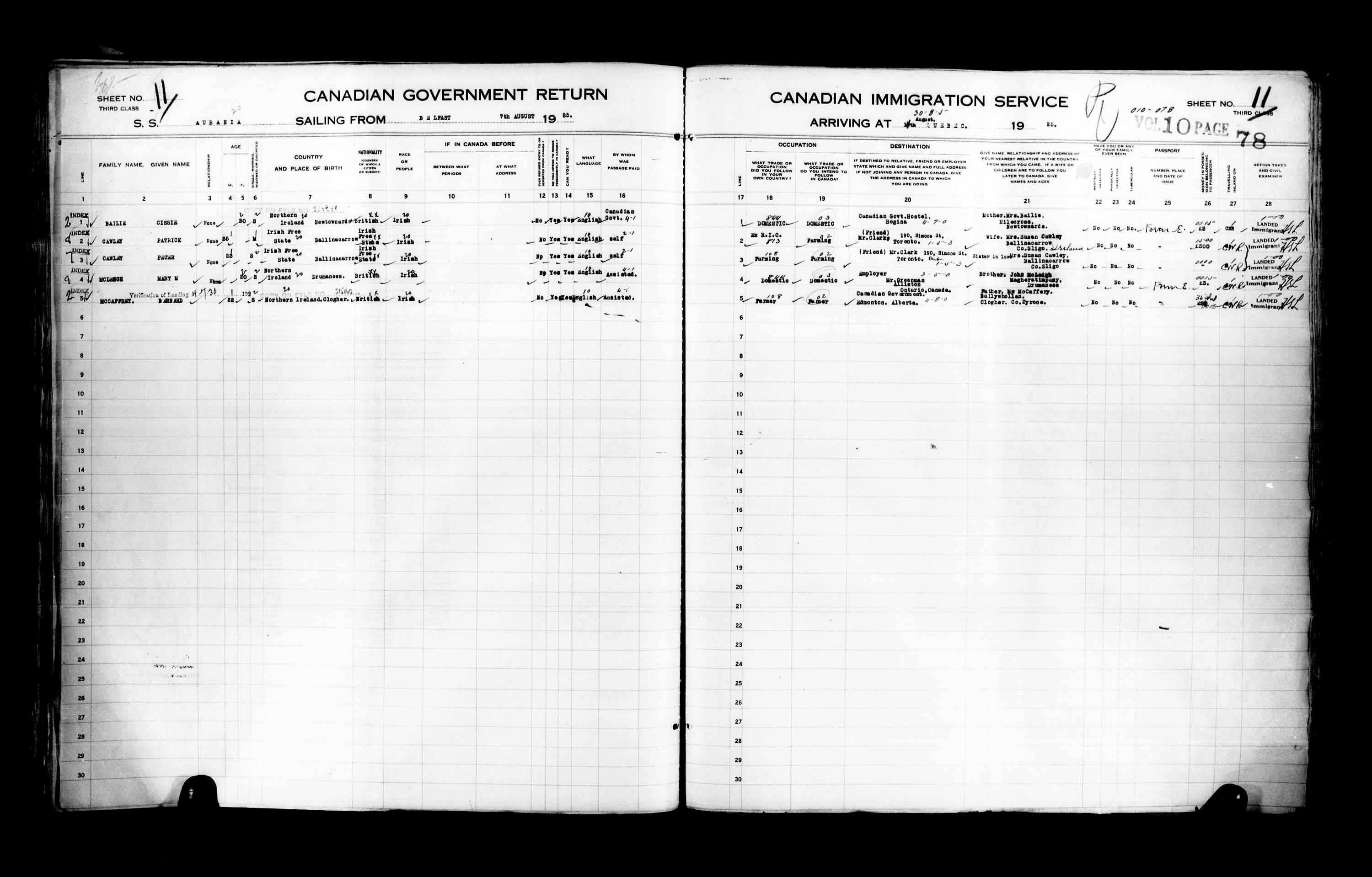 Titre : Listes de passagers : Ville de Qubec (1925-1935) - N d'enregistrement Mikan : 178851 - Microforme : t-14718