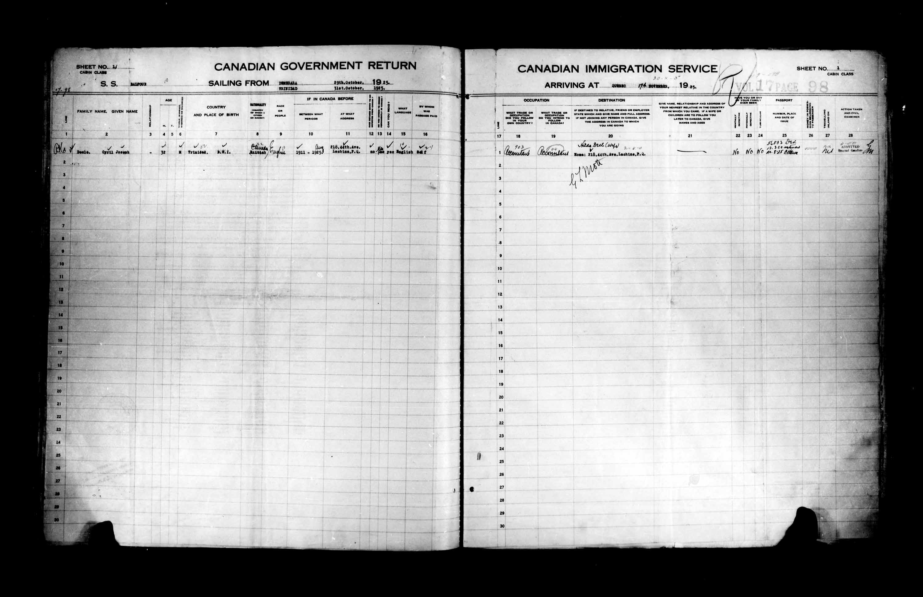 Titre : Listes de passagers : Ville de Qubec (1925-1935) - N d'enregistrement Mikan : 178851 - Microforme : t-14720