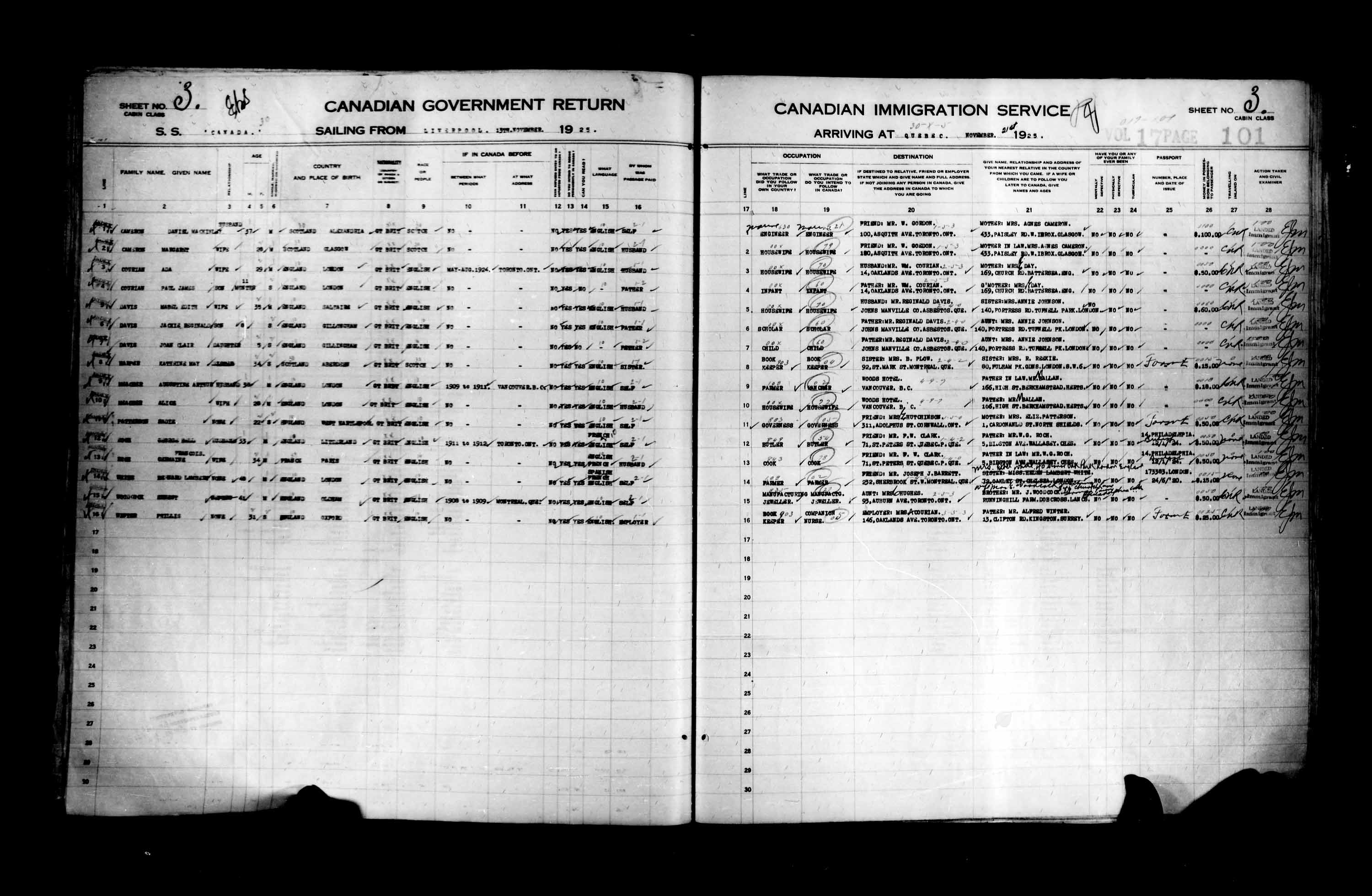 Title: Passenger Lists: Quebec City (1925-1935) - Mikan Number: 134839 - Microform: t-14720