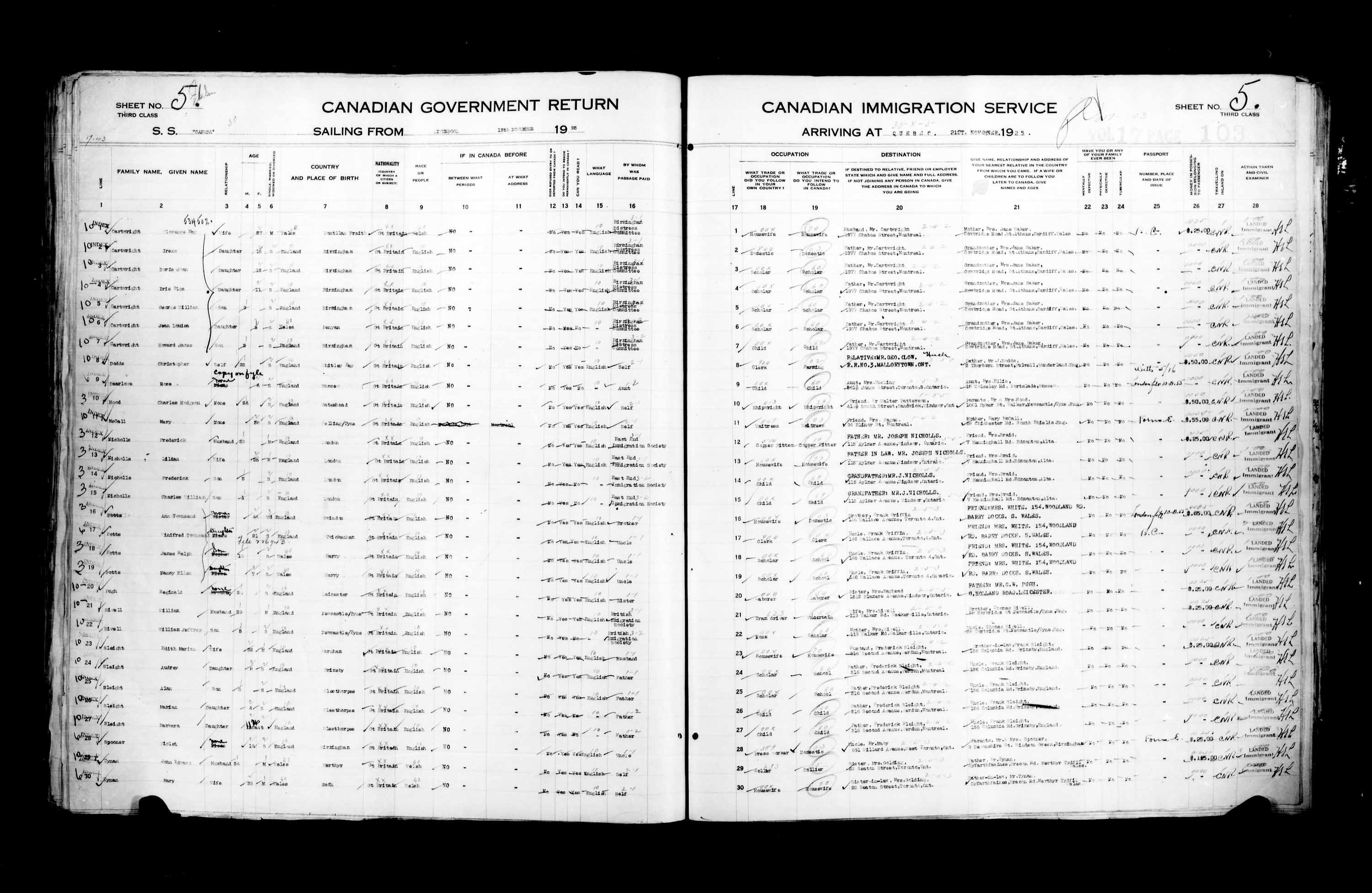 Title: Passenger Lists: Quebec City (1925-1935) - Mikan Number: 134839 - Microform: t-14721