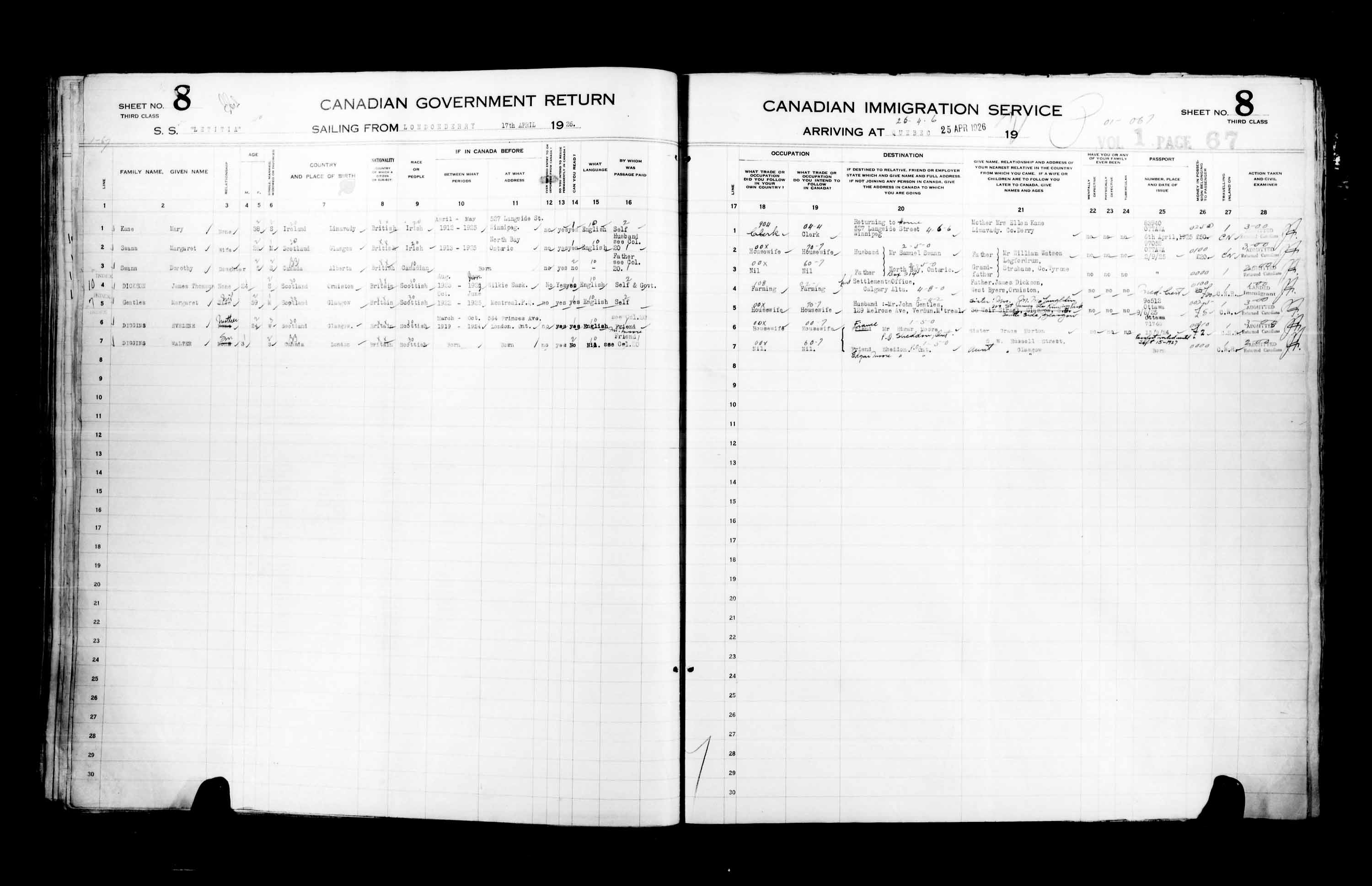 Titre : Listes de passagers : Ville de Qubec (1925-1935) - N d'enregistrement Mikan : 178851 - Microforme : t-14721