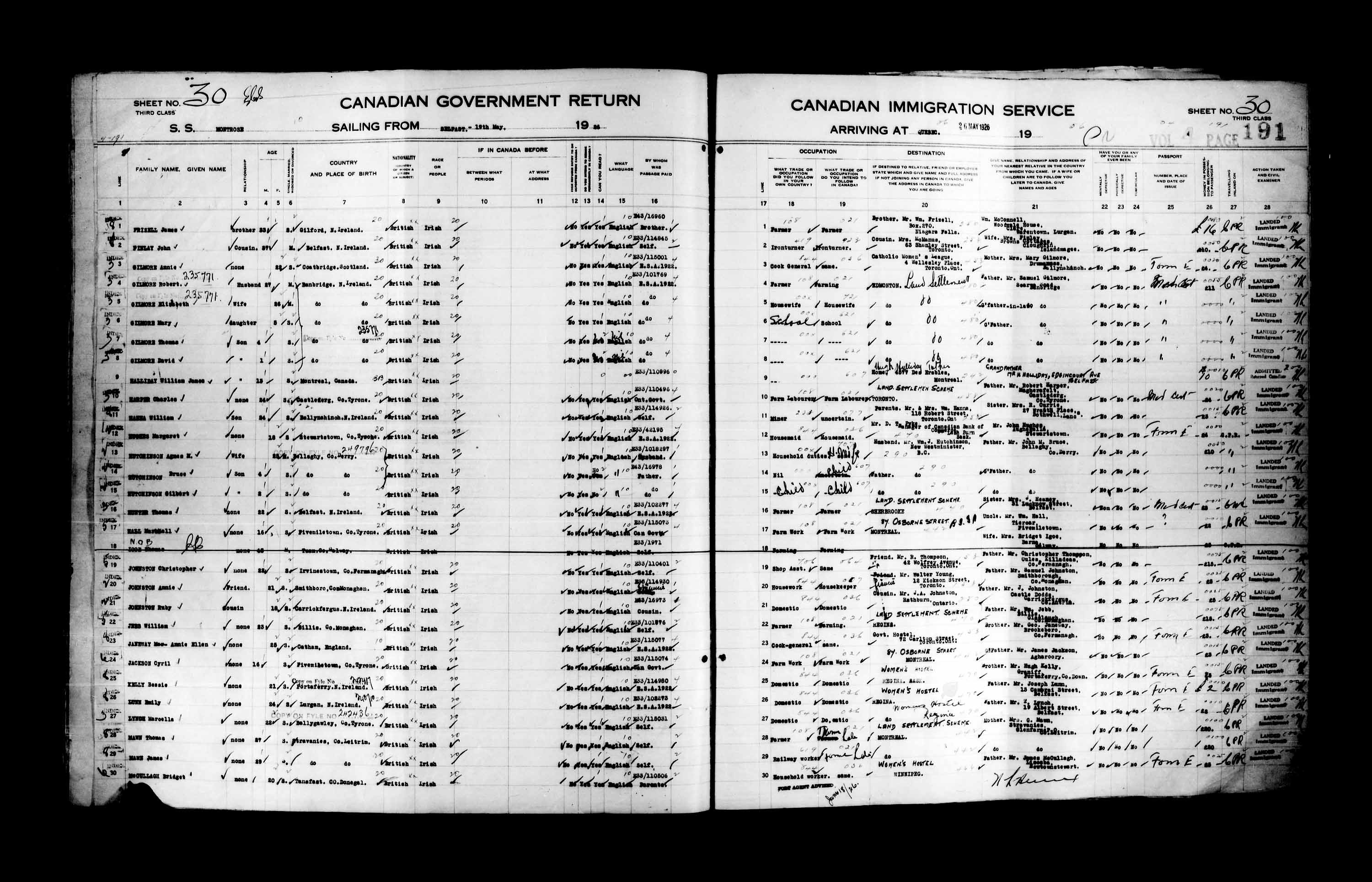 Titre : Listes de passagers : Ville de Qubec (1925-1935) - N d'enregistrement Mikan : 178851 - Microforme : t-14722