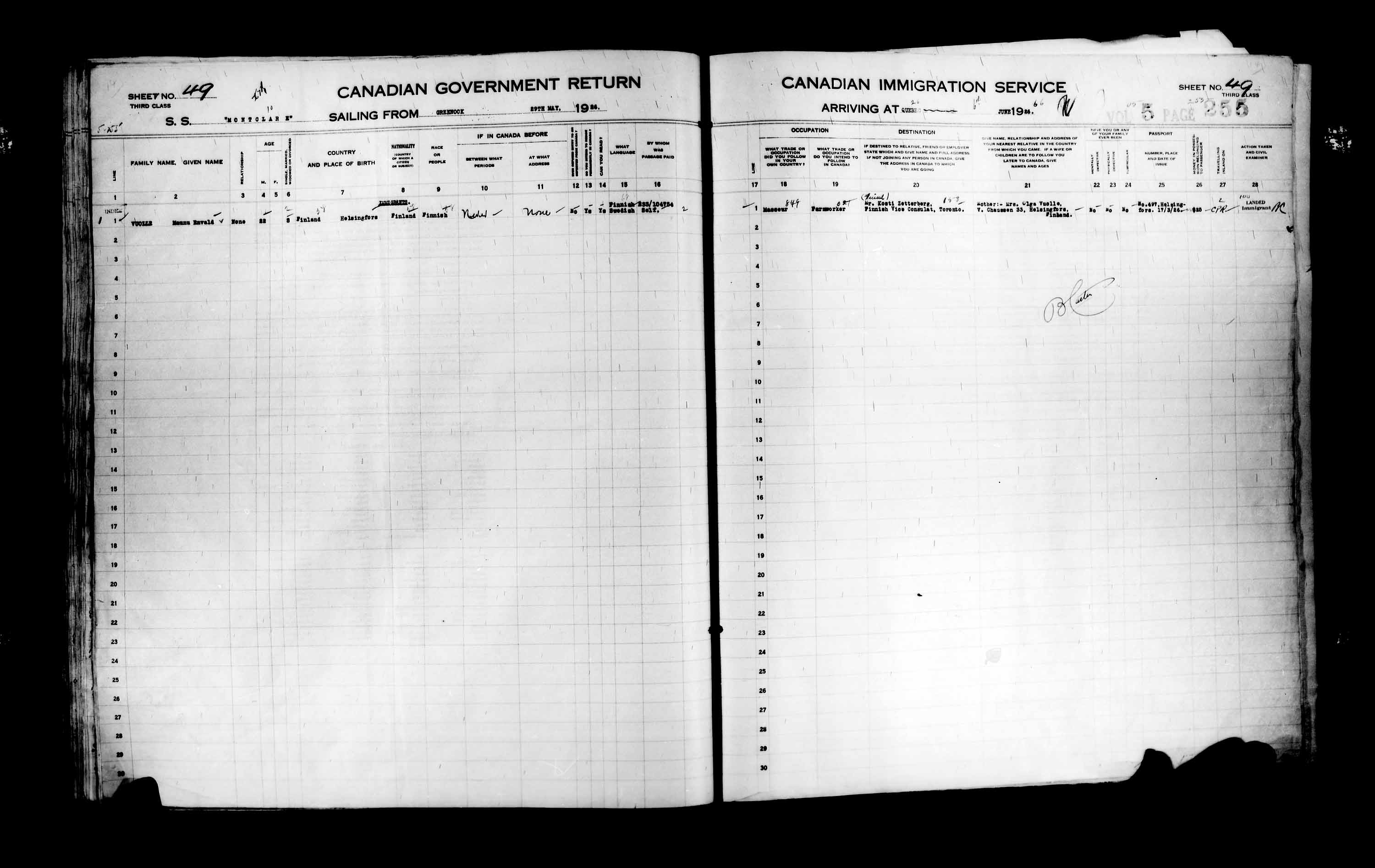Titre : Listes de passagers : Ville de Qubec (1925-1935) - N d'enregistrement Mikan : 178851 - Microforme : t-14722