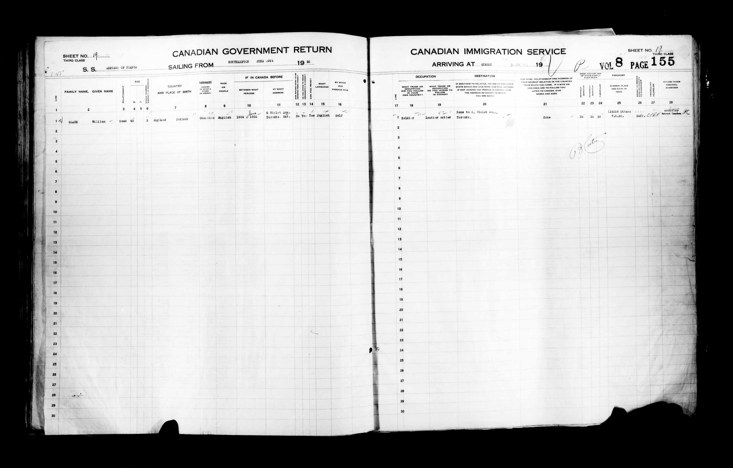 Title: Passenger Lists: Quebec City (1925-1935) - Mikan Number: 134839 - Microform: t-14723