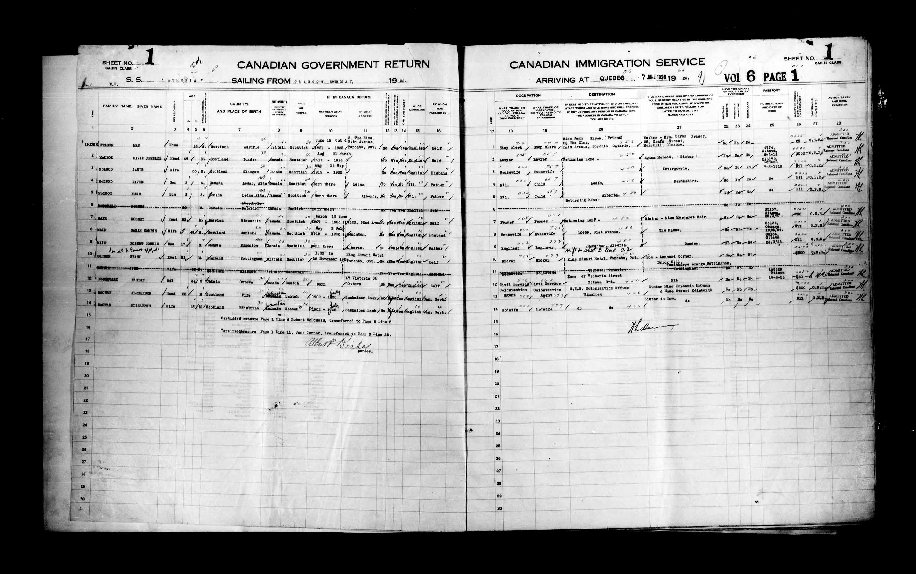 Titre : Listes de passagers : Ville de Qubec (1925-1935) - N d'enregistrement Mikan : 178851 - Microforme : t-14723
