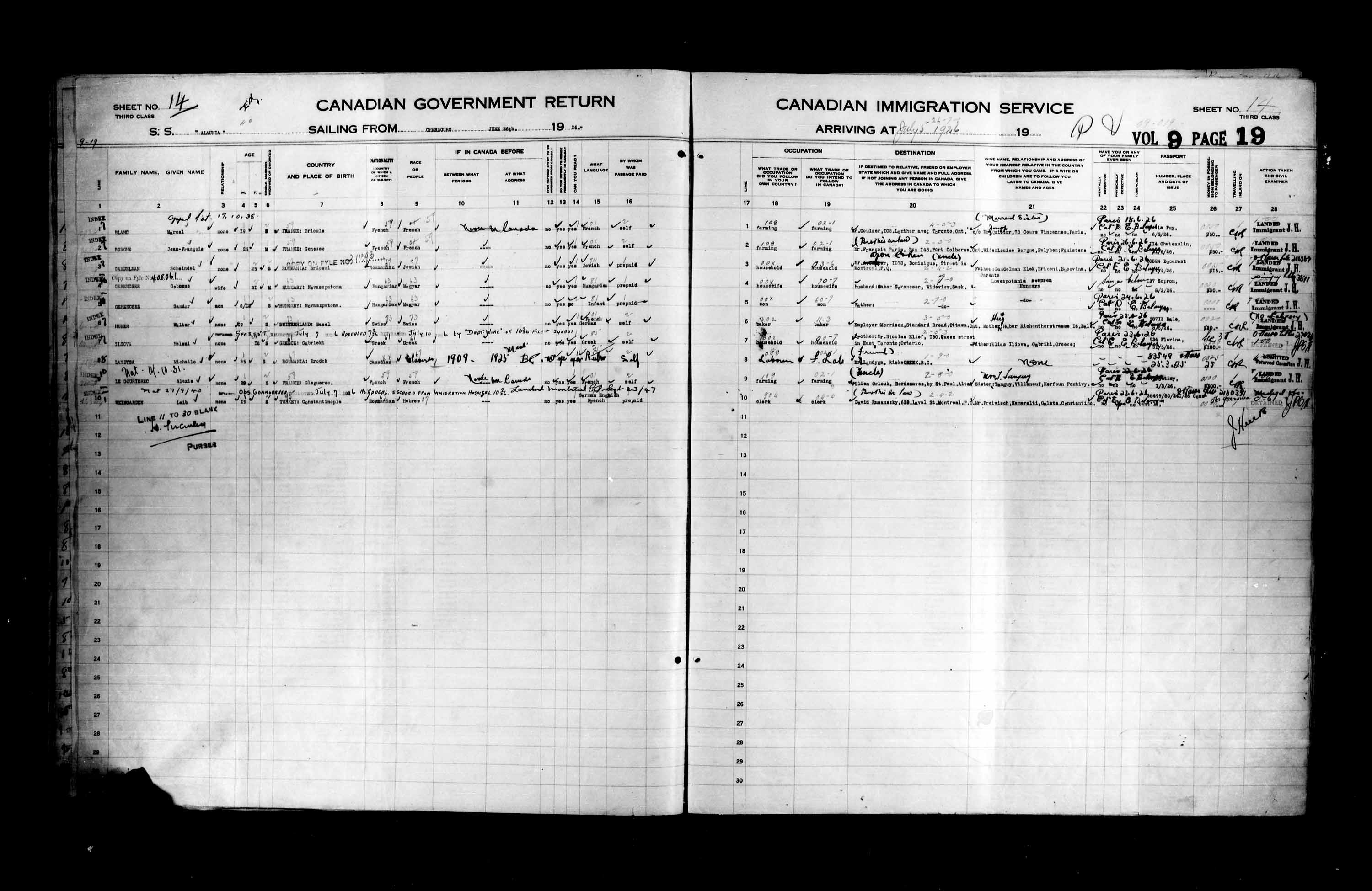 Titre : Listes de passagers : Ville de Qubec (1925-1935) - N d'enregistrement Mikan : 178851 - Microforme : t-14724