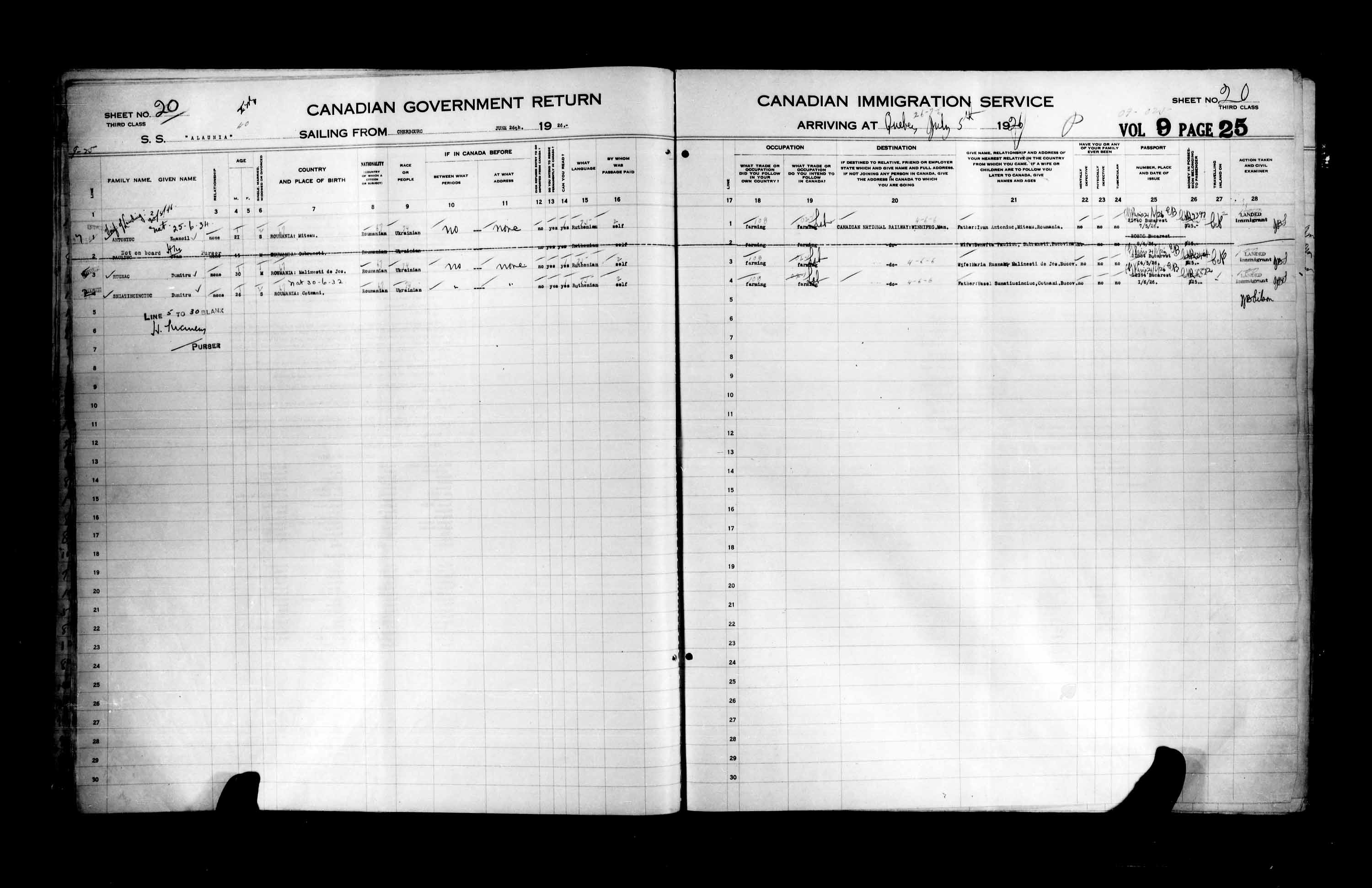 Titre : Listes de passagers : Ville de Qubec (1925-1935) - N d'enregistrement Mikan : 178851 - Microforme : t-14724