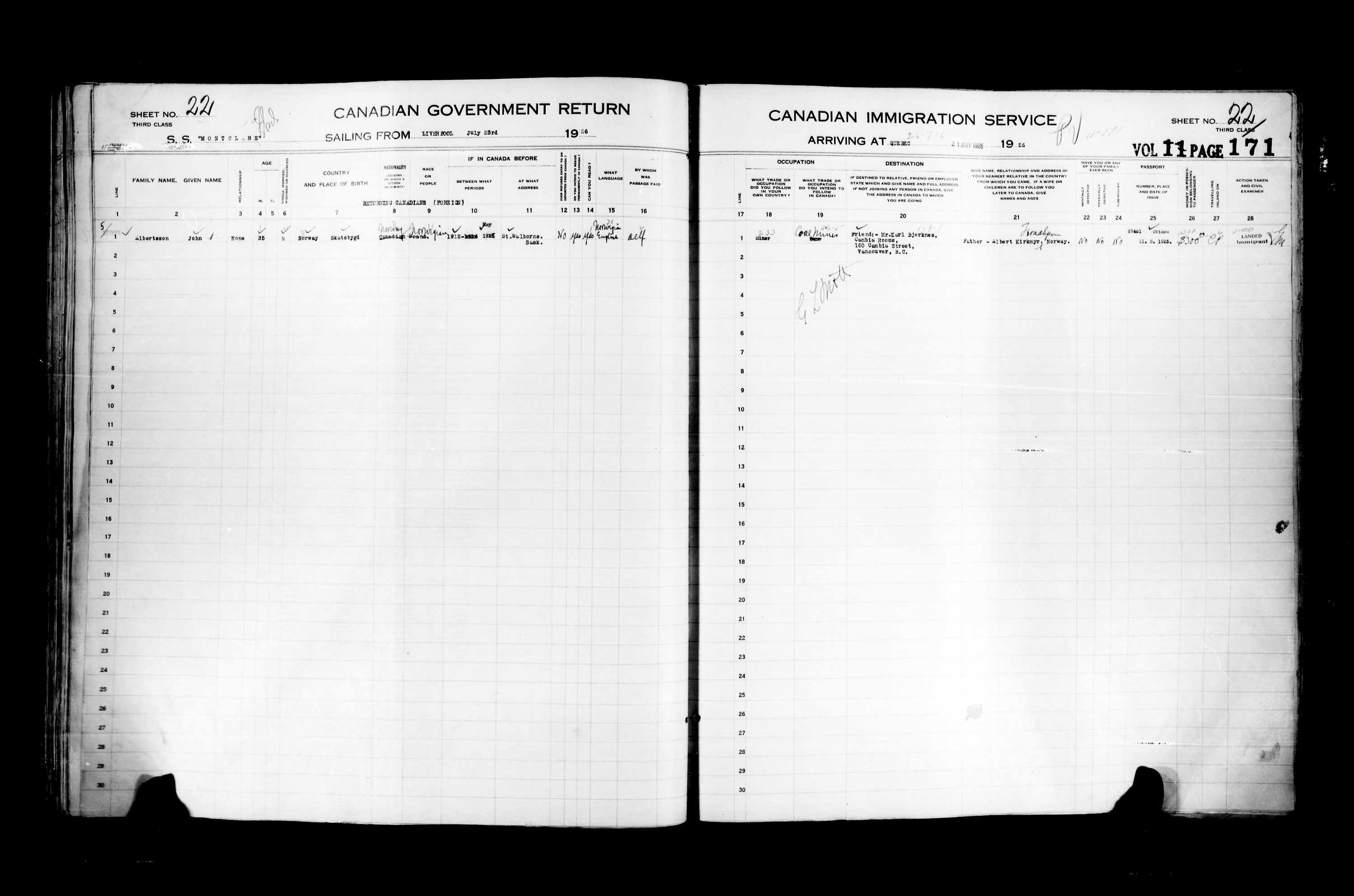 Titre : Listes de passagers : Ville de Qubec (1925-1935) - N d'enregistrement Mikan : 178851 - Microforme : t-14725