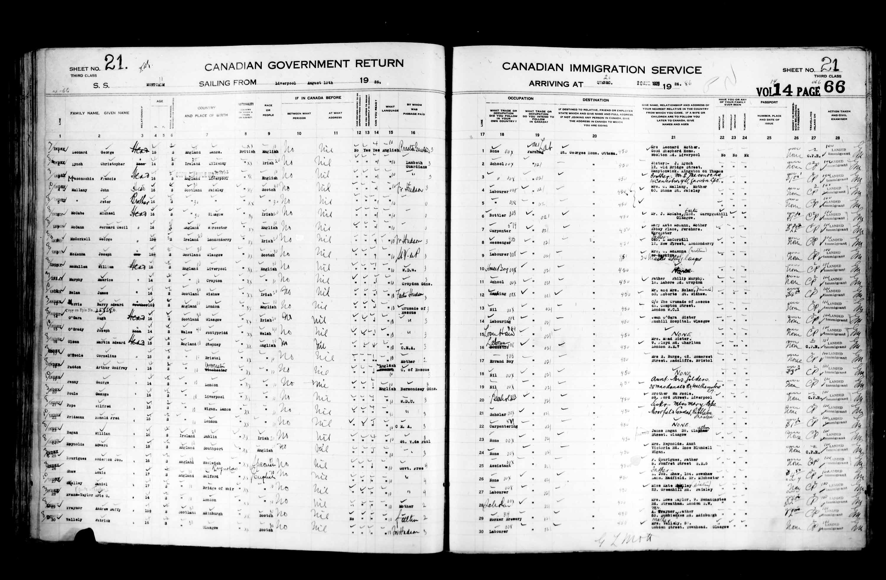 Title: Passenger Lists: Quebec City (1925-1935) - Mikan Number: 134839 - Microform: t-14725
