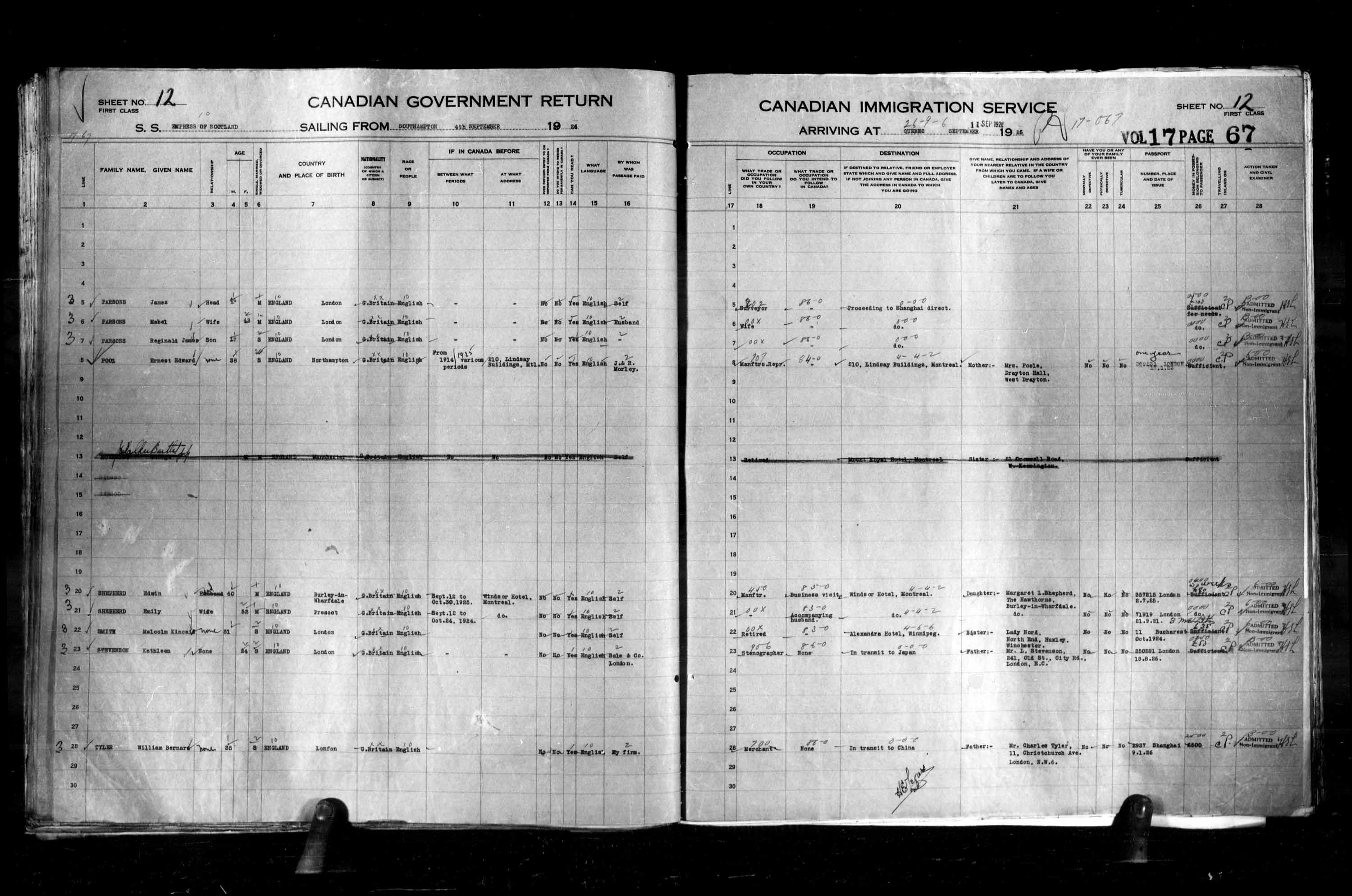 Titre : Listes de passagers : Ville de Qubec (1925-1935) - N d'enregistrement Mikan : 178851 - Microforme : t-14726