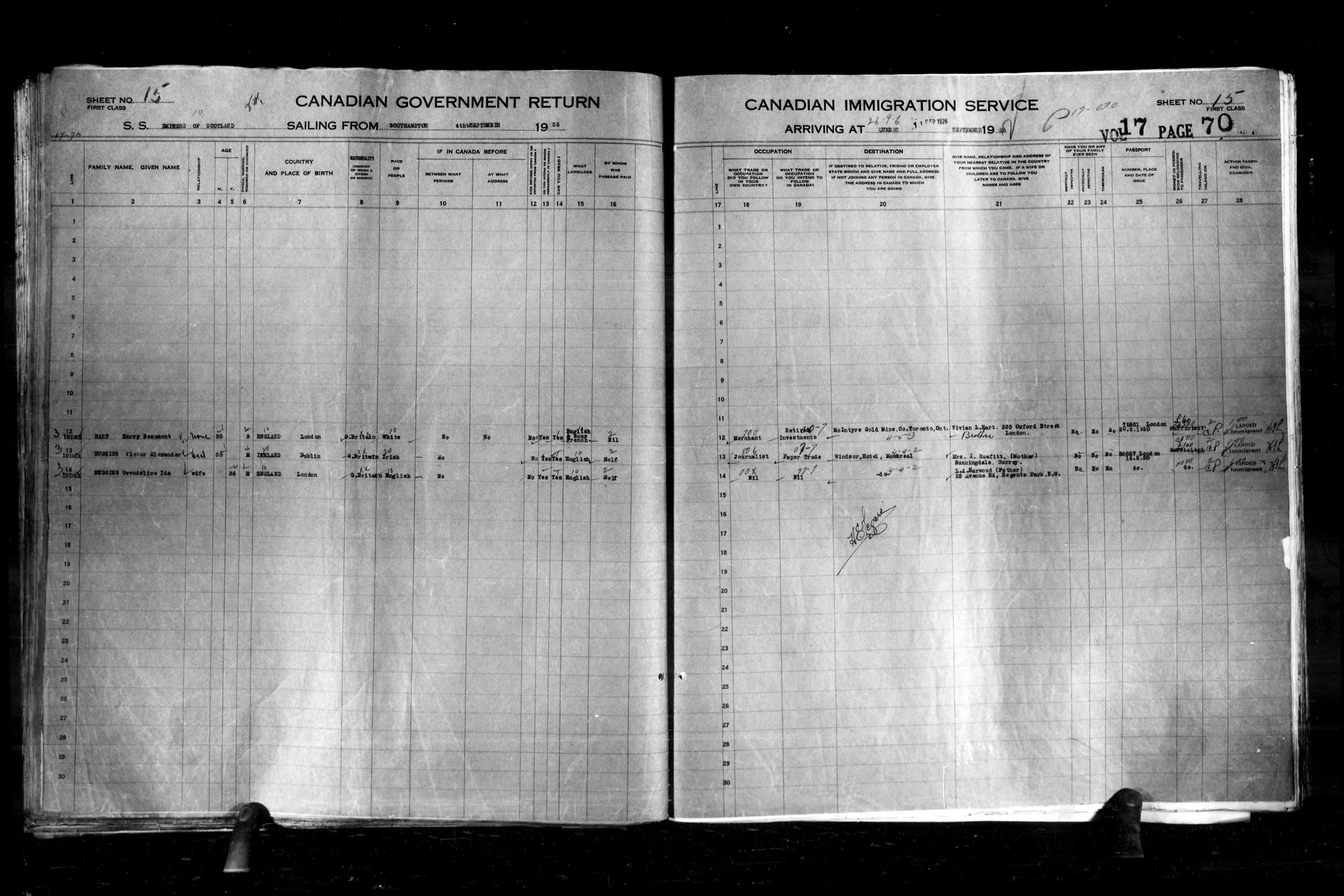 Titre : Listes de passagers : Ville de Qubec (1925-1935) - N d'enregistrement Mikan : 178851 - Microforme : t-14726