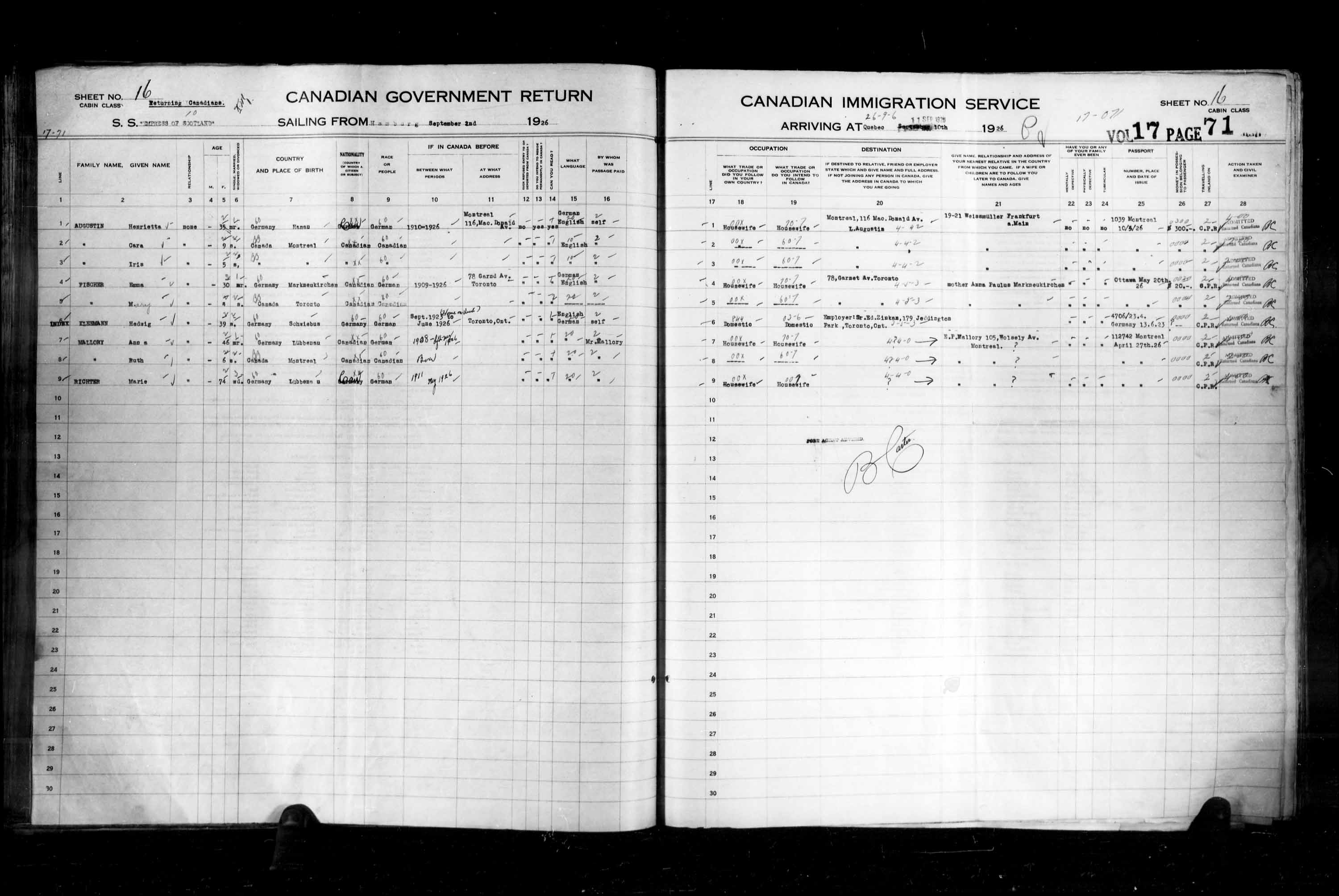 Titre : Listes de passagers : Ville de Qubec (1925-1935) - N d'enregistrement Mikan : 178851 - Microforme : t-14726