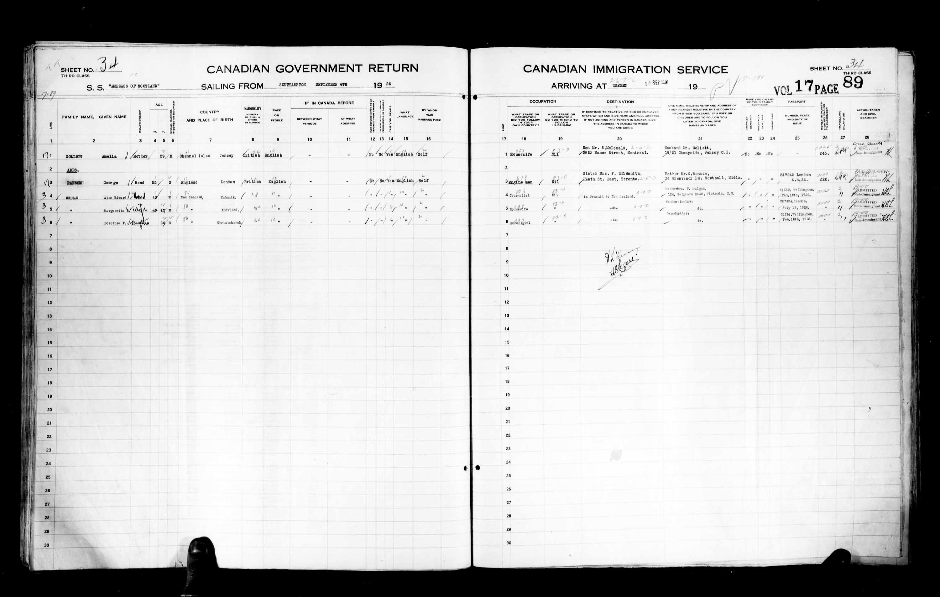 Titre : Listes de passagers : Ville de Qubec (1925-1935) - N d'enregistrement Mikan : 178851 - Microforme : t-14727