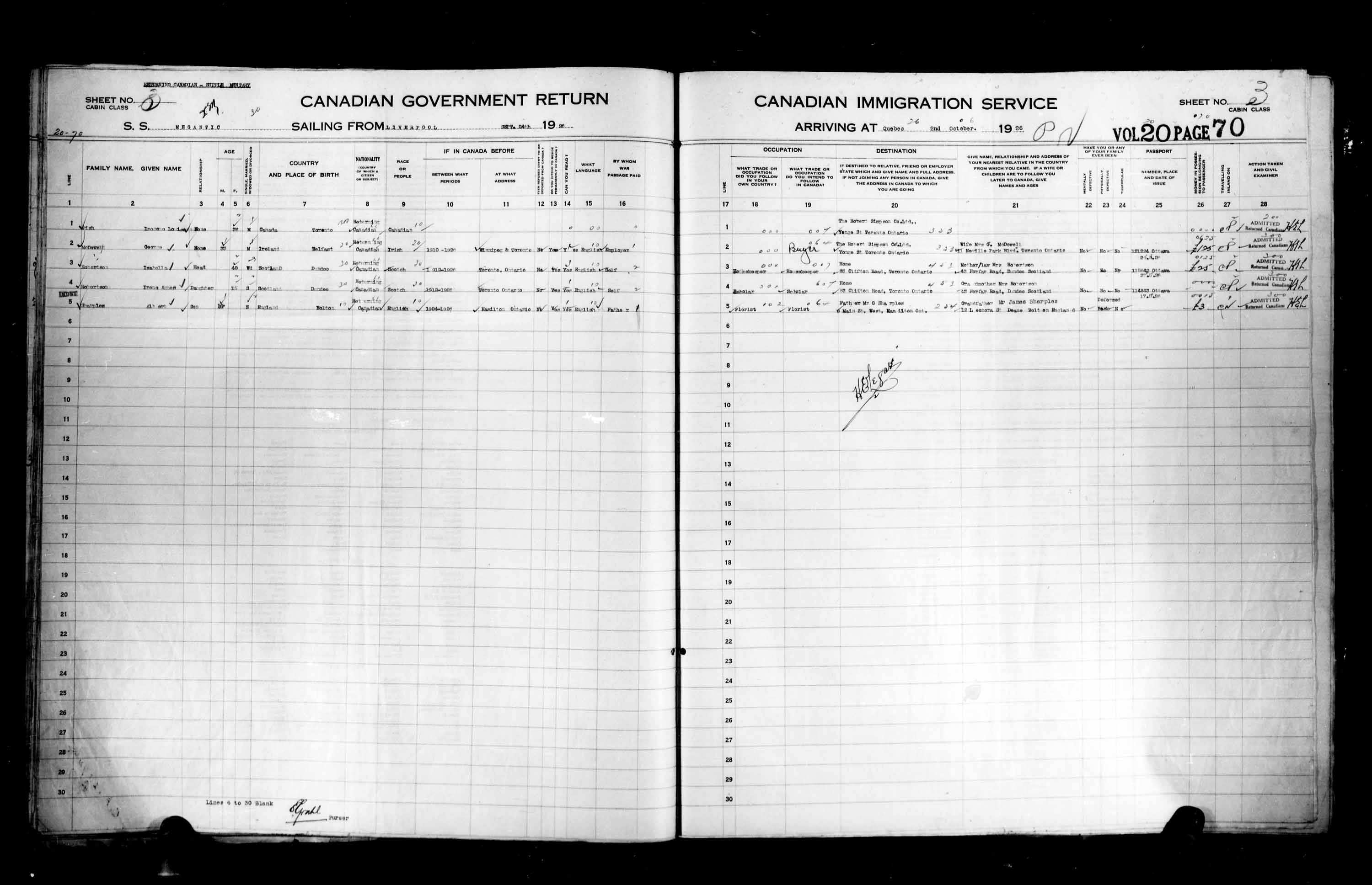 Titre : Listes de passagers : Ville de Qubec (1925-1935) - N d'enregistrement Mikan : 178851 - Microforme : t-14727