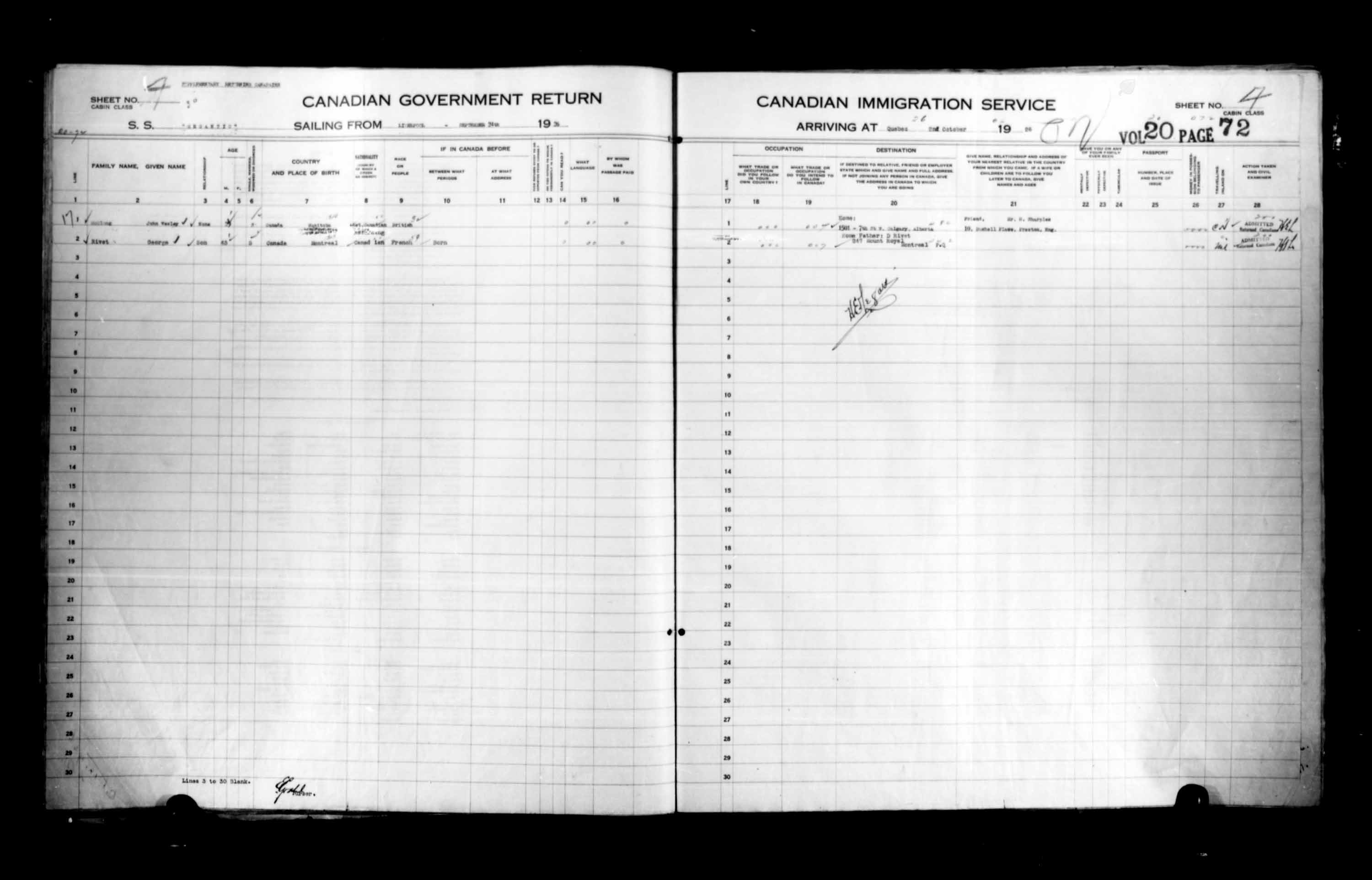 Titre : Listes de passagers : Ville de Qubec (1925-1935) - N d'enregistrement Mikan : 178851 - Microforme : t-14728