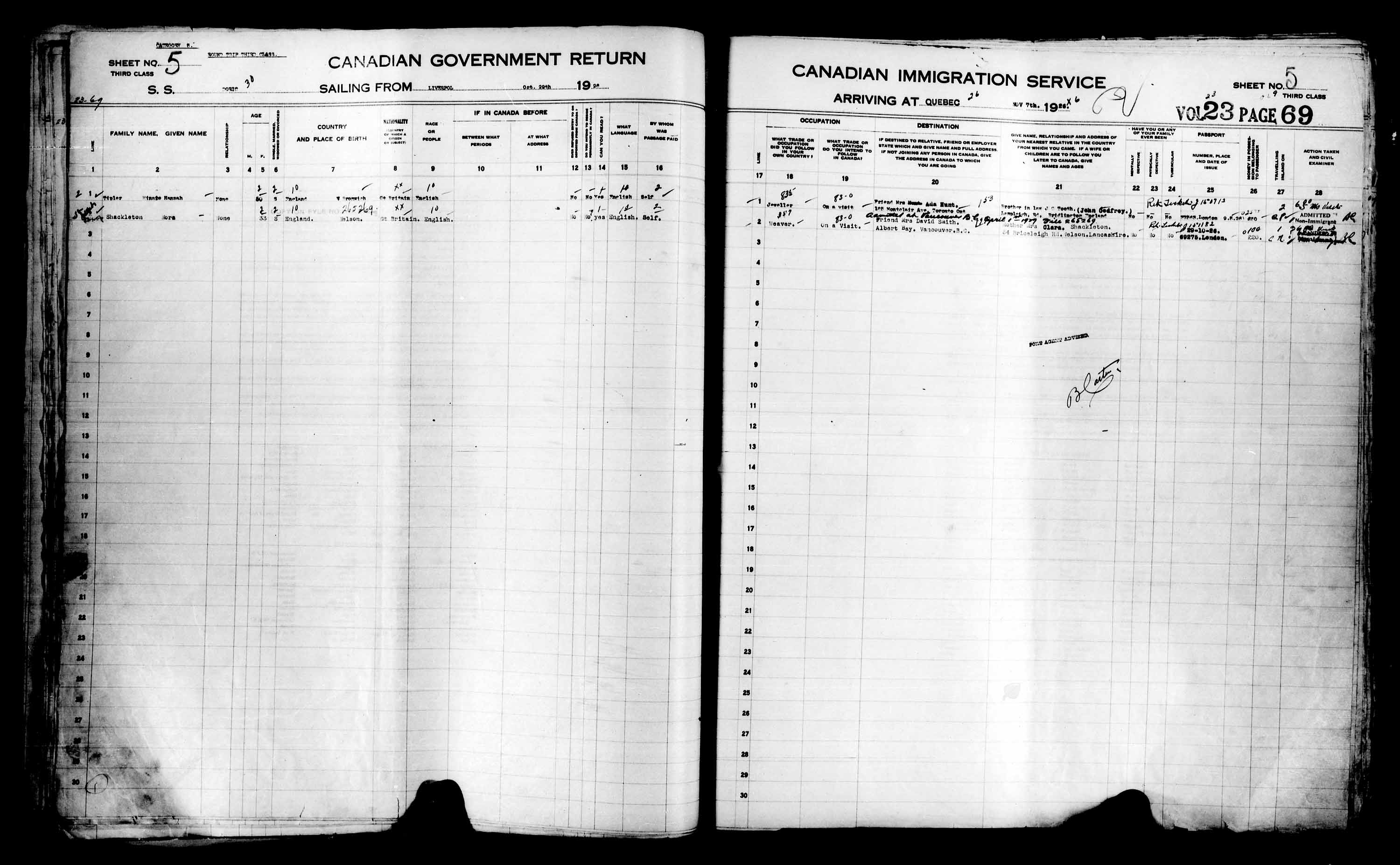 Titre : Listes de passagers : Ville de Qubec (1925-1935) - N d'enregistrement Mikan : 178851 - Microforme : t-14729