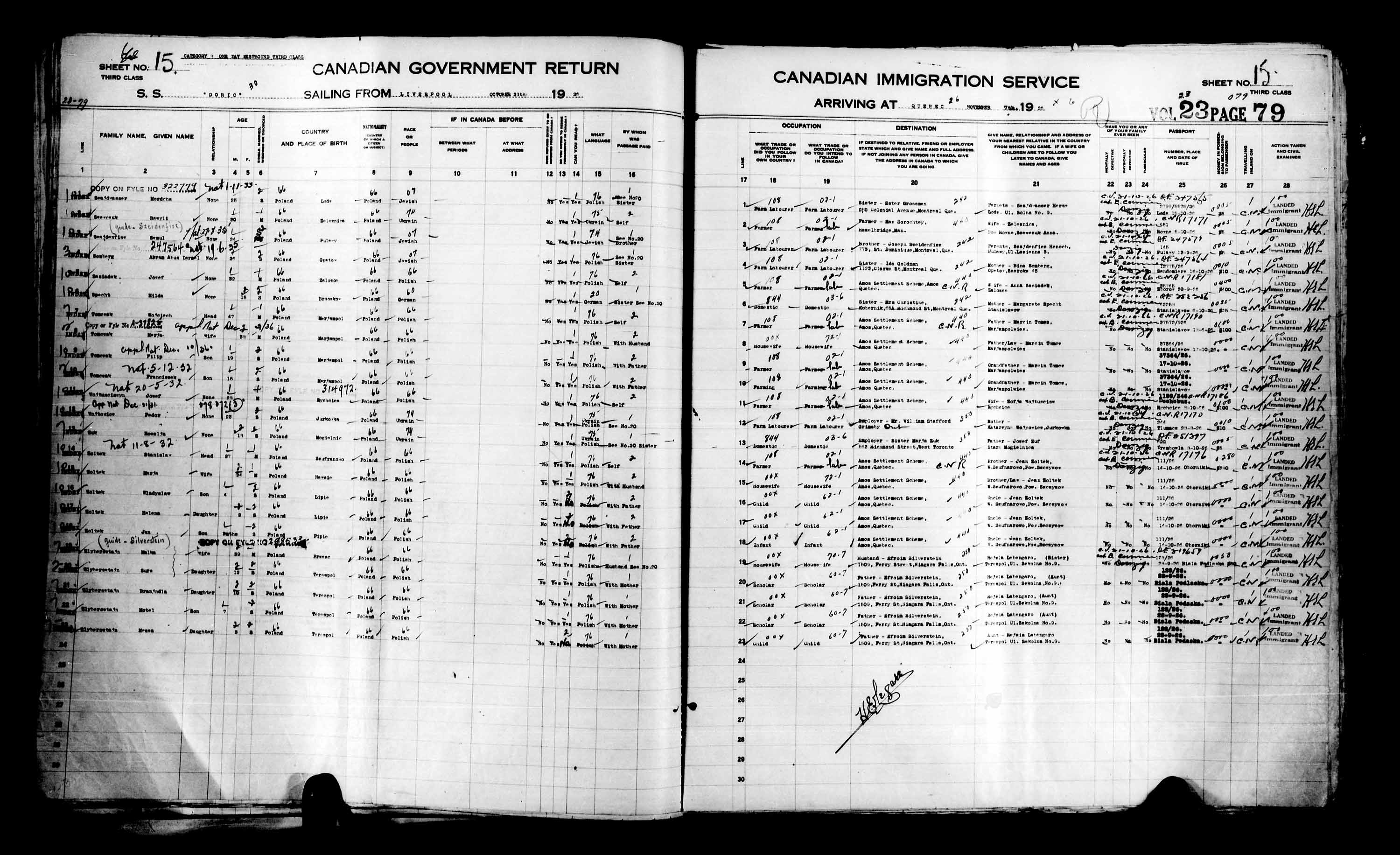 Titre : Listes de passagers : Ville de Qubec (1925-1935) - N d'enregistrement Mikan : 178851 - Microforme : t-14729