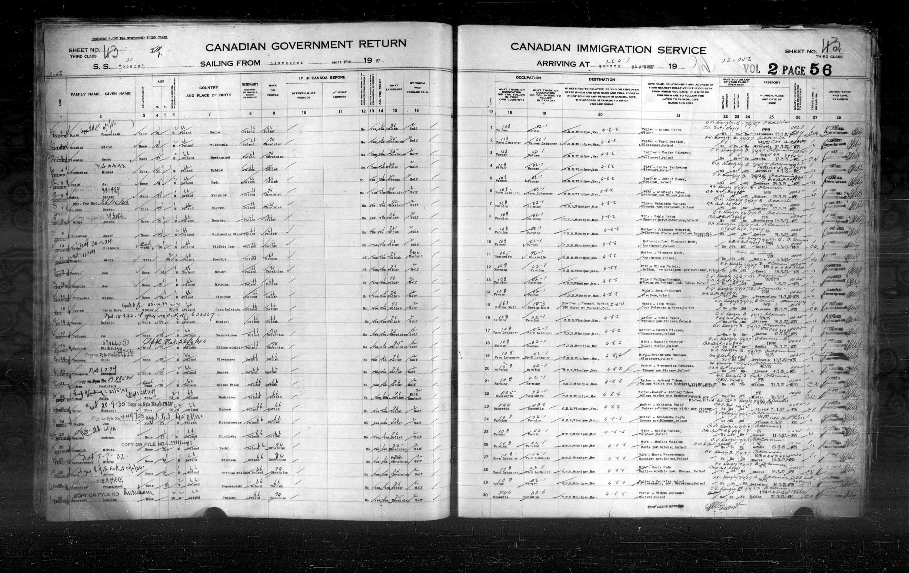 Titre : Listes de passagers : Ville de Qubec (1925-1935) - N d'enregistrement Mikan : 178851 - Microforme : t-14730