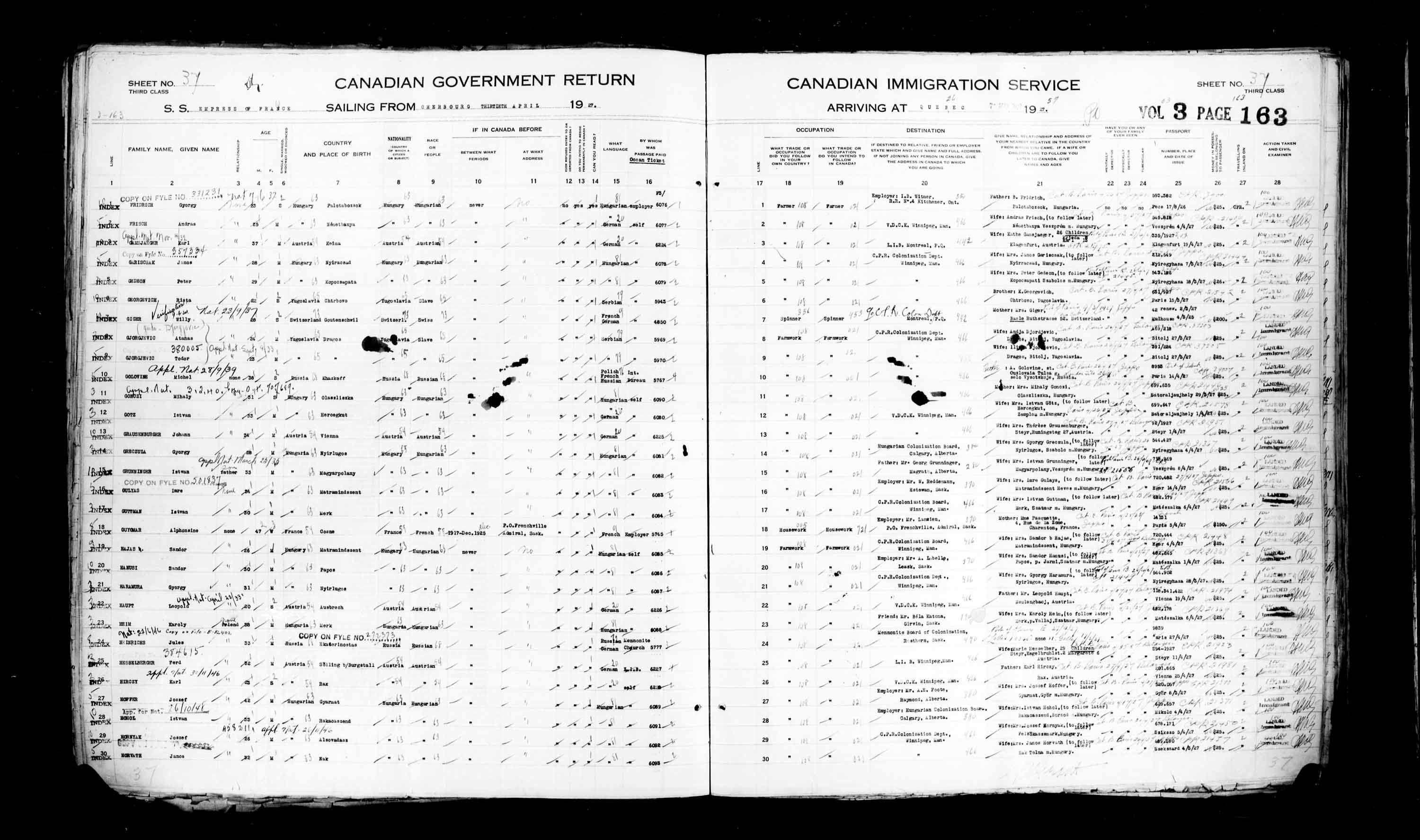 Titre : Listes de passagers : Ville de Qubec (1925-1935) - N d'enregistrement Mikan : 178851 - Microforme : t-14731