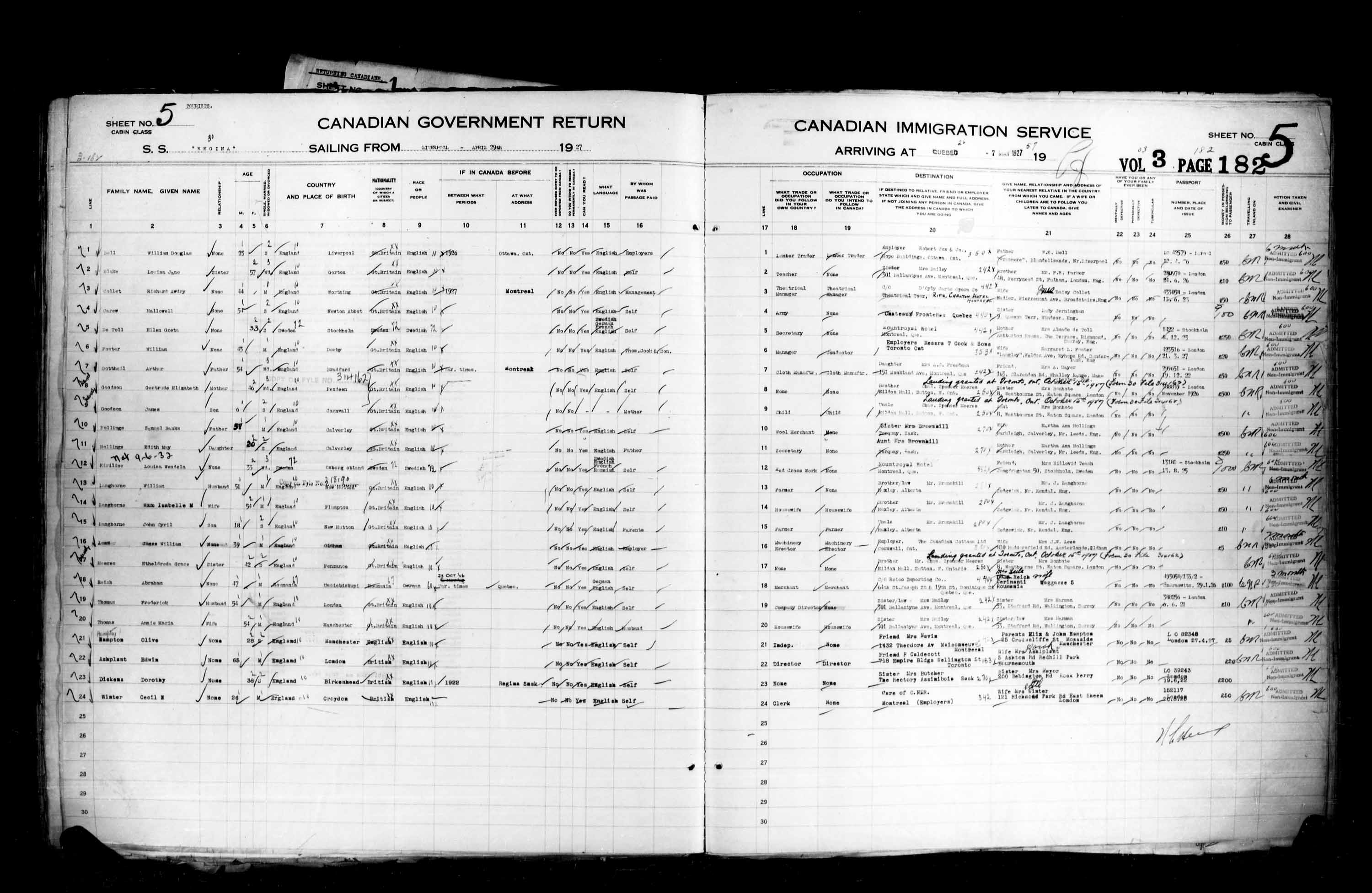 Titre : Listes de passagers : Ville de Qubec (1925-1935) - N d'enregistrement Mikan : 178851 - Microforme : t-14732