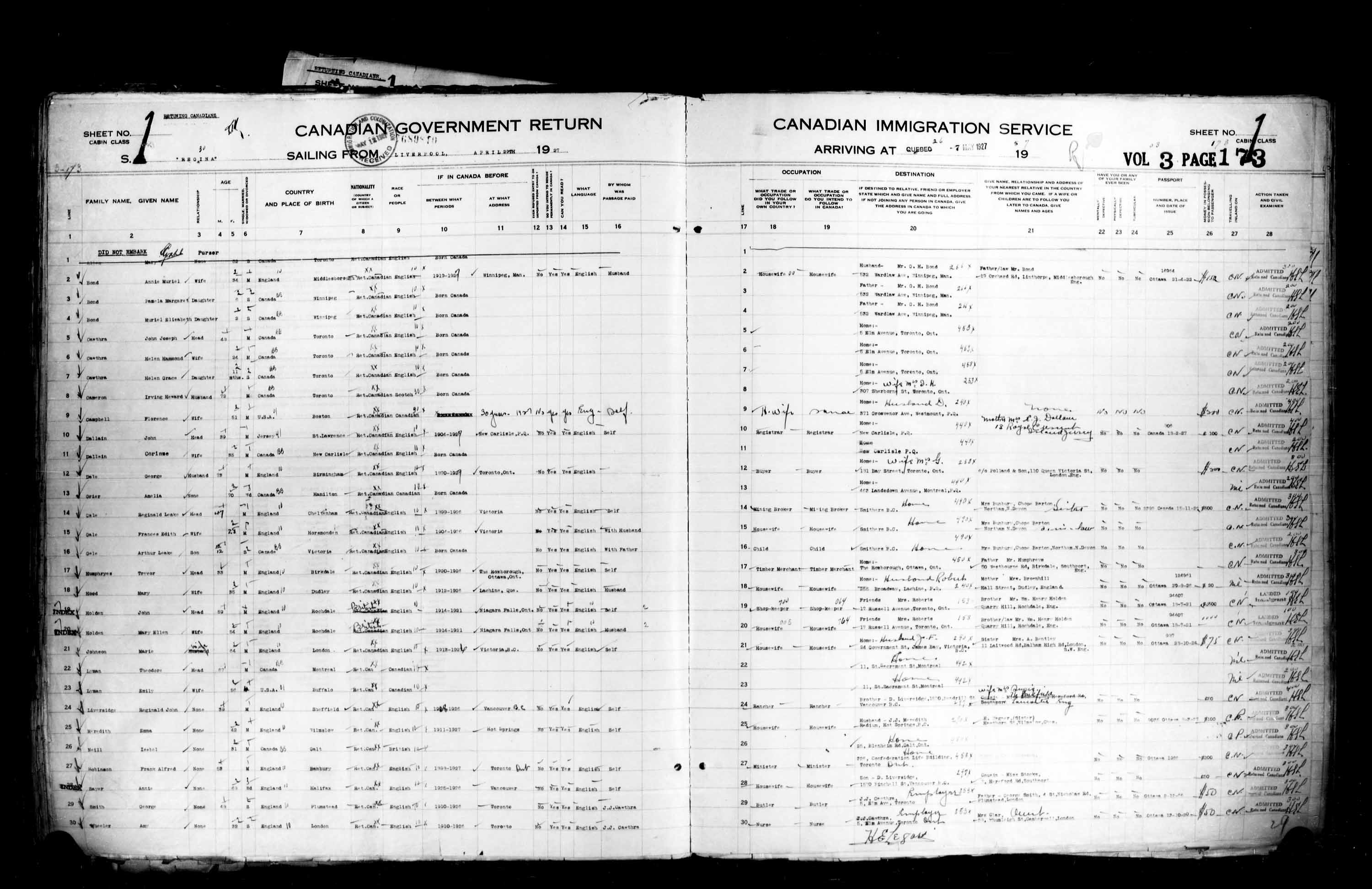 Titre : Listes de passagers : Ville de Qubec (1925-1935) - N d'enregistrement Mikan : 178851 - Microforme : t-14732